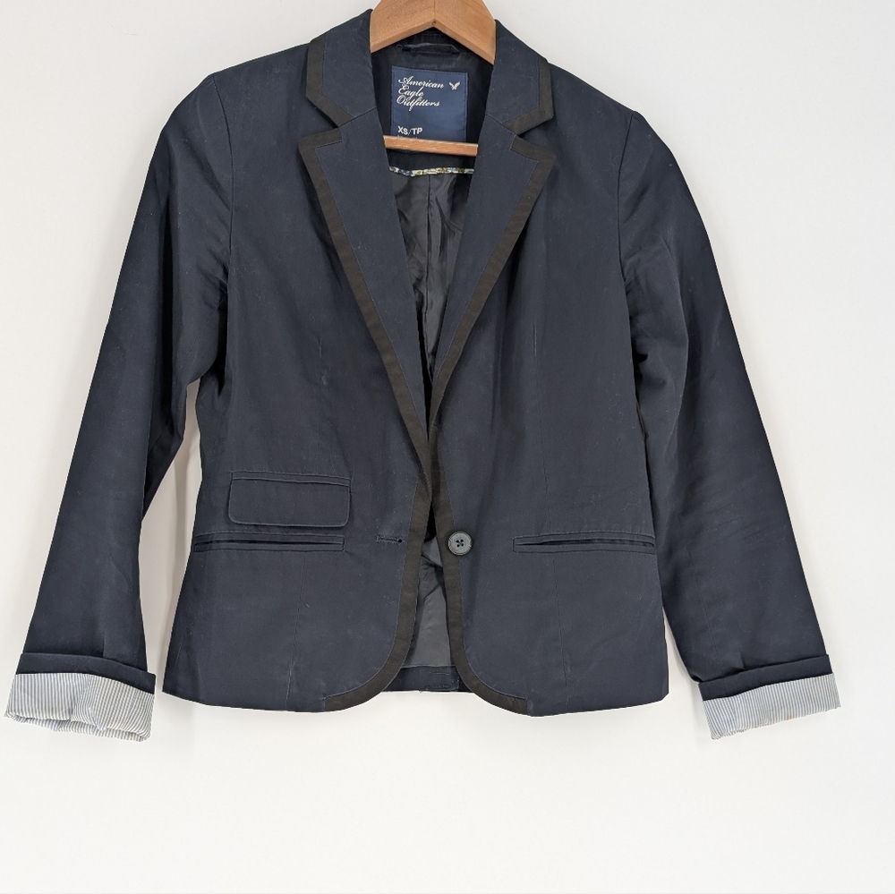 American Eagle Navy Blue Contrast Trim Blazer Single Button Striped Cuff XS